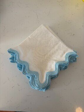 Set of 12 Scallop Blue and White European Linen Napkins